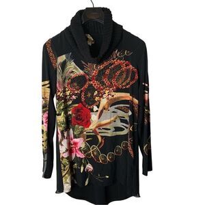 Joseph Ribkoff floral art to wear top black women's size 8